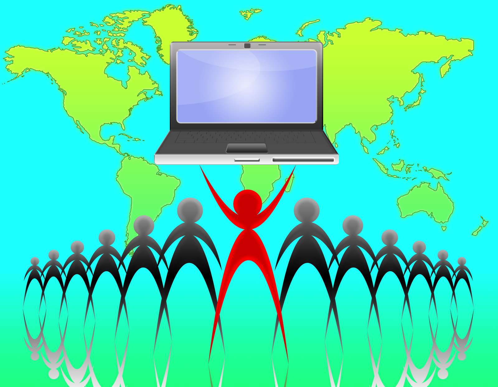 graphics of people standing together holding up a giant laptop